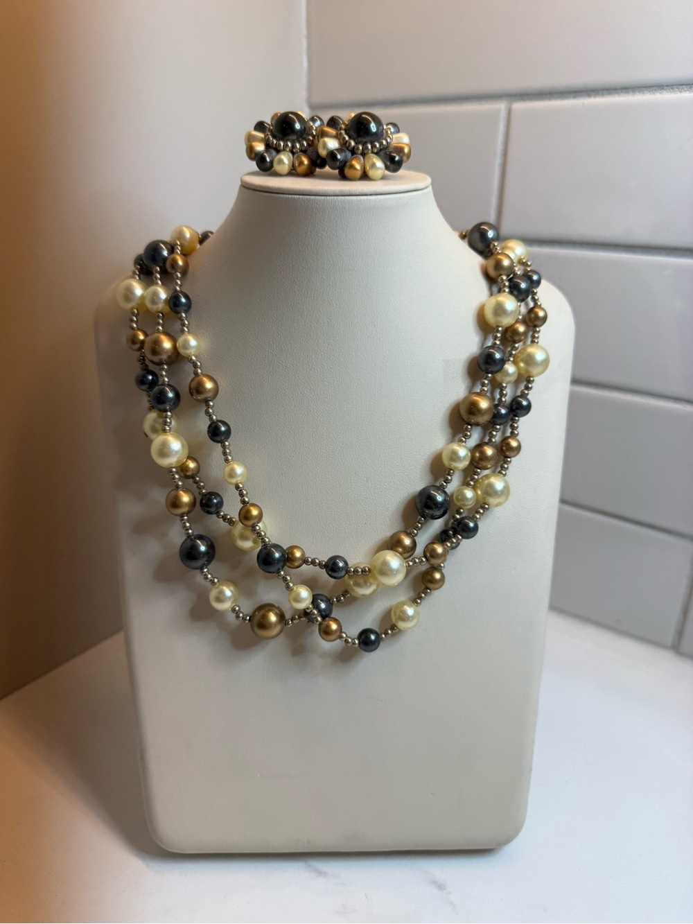 Vintage 60s Multi-Strand Faux Pearl Necklace Set | | Matching Earrings